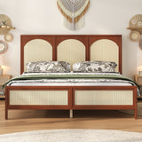 Queen Size Wood Platform Bed with Rattan Headboard & Footboard, Bed Frame with Support Legs