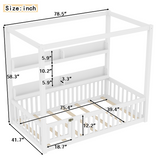 Twin Montessori Floor Bed Canopy Bed Frame with Built-in Shelves & Safety Guardrails, White