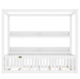 Twin Montessori Floor Bed Canopy Bed Frame with Built-in Shelves & Safety Guardrails, White