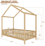 Twin Size Montessori Floor Bed with Canopy, House Shape Toddler Bed Frame with Guardrails, Wood Kids Bed, Natural