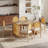 7-Piece Farmhouse Dining Table Set for 6, Rectangular Table with 6 Rattan Chairs, Rustic Kitchen Furniture, Natural
