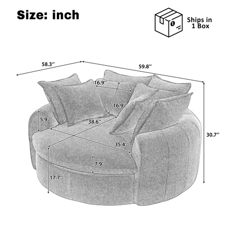 59.8"W Round Chaise Lounge Sofa, Chenille Accent Chair Boneless Loaf Sofa Couch with 8 Throw Pillows, Orange
