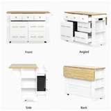 Kitchen Island with 6 Drawers, Pull Out Trash Can Storage, Rolling Kitchen Island on 5 Wheels with Drop Leaf, Power Outlet, 5 Open Side Racks for Kitchen, Dining Room, White