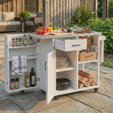 Fir Wood Outdoor Kitchen Island with Storage, Lockable Rolling Kitchen Cart with Stainless Top, Towel & Spice Racks for Patio