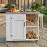 Fir Wood Outdoor Kitchen Island with Storage, Lockable Rolling Kitchen Cart with Stainless Top, Towel & Spice Racks for Patio