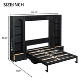 Queen Size Murphy Platform Bed, Space-Saving Foldable Cabinet Bed with Shelf,Drawers & LED, Black