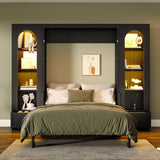 Queen Size Murphy Platform Bed, Space-Saving Foldable Cabinet Bed with Shelf,Drawers & LED, Black