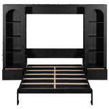 Queen Size Murphy Platform Bed, Space-Saving Foldable Cabinet Bed with Shelf,Drawers & LED, Black