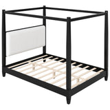 Queen Size Canopy Platform Bed with Upholstered Headboard, Solid Wood Four Poster Bed Frame with Wooden Slats Support