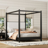 Queen Size Canopy Platform Bed with Upholstered Headboard, Solid Wood Four Poster Bed Frame with Wooden Slats Support