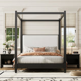 Queen Size Canopy Platform Bed with Upholstered Headboard, Solid Wood Four Poster Bed Frame with Wooden Slats Support