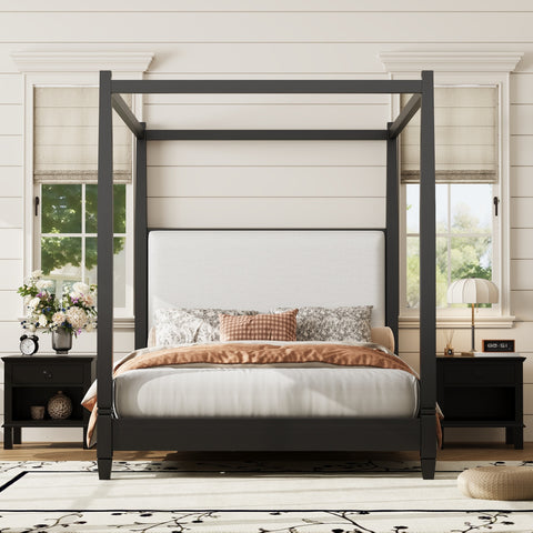 Queen Size Canopy Platform Bed with Upholstered Headboard, Solid Wood Four Poster Bed Frame with Wooden Slats Support