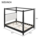 Queen Size Canopy Platform Bed with Upholstered Headboard, Solid Wood Four Poster Bed Frame with Wooden Slats Support