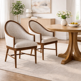 Set of 2 Mid-Century Modern Dining Chairs, Twill Upholstered Curved Armchairs with Solid Rubberwood Frame, Beige Accent Kitchen Chairs