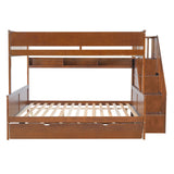 Full XL over Queen Bunk Bed with Storage Staircase & Twin Trundle, Solid Wood Bed Frame with LED Lights & Shelves