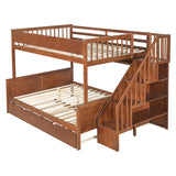 Full XL over Queen Bunk Bed with Storage Staircase & Twin Trundle, Solid Wood Bed Frame with LED Lights & Shelves