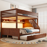 Full XL over Queen Bunk Bed with Storage Staircase & Twin Trundle, Solid Wood Bed Frame with LED Lights & Shelves