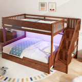 Full XL over Queen Bunk Bed with Storage Staircase & Twin Trundle, Solid Wood Bed Frame with LED Lights & Shelves