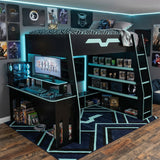 Full Size Loft Bed with Desk, Storage Shelves, Charging Station & RGB Light