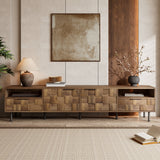 TV Stand with 3D Woven-Texture Doors, Mid-Century Media Console for TVs up to 85", Large Entertainment Center with Storage, Natural