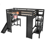 Full Size Wooden Loft Bed with Slide, Desk & Basketball Hoop, Kids Playhouse Bed Frame with Storage Staircase & Guardrails