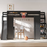 Full Size Wooden Loft Bed with Slide, Desk & Basketball Hoop, Kids Playhouse Bed Frame with Storage Staircase & Guardrails