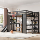 Full Size Wooden Loft Bed with Slide, Desk & Basketball Hoop, Kids Playhouse Bed Frame with Storage Staircase & Guardrails