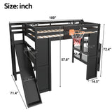 Full Size Wooden Loft Bed with Slide, Desk & Basketball Hoop, Kids Playhouse Bed Frame with Storage Staircase & Guardrails