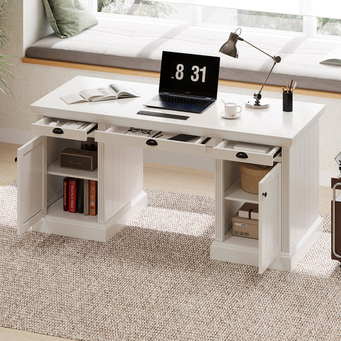 67" Modern Executive Desk with Drawers & Cabinet, Home Office Computer Desk with USB Ports, Writing Table Workstation, White
