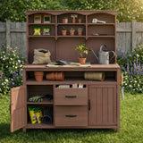 65" Tall Fir Wood Potting Bench with 3-Tier Upper Hutch, Outdoor Kitchen Island with Drawers, Professional Garden Workstation