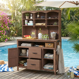 65" Tall Fir Wood Potting Bench with 3-Tier Upper Hutch, Outdoor Kitchen Island with Drawers, Professional Garden Workstation