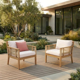 Set of 2 Patio Acacia Wood Club Chairs, Hand-Woven Twist Rope Armchairs with Beige Cushions for Backyard & Poolside, Teak Finish