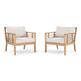 Set of 2 Patio Acacia Wood Club Chairs, Hand-Woven Twist Rope Armchairs with Beige Cushions for Backyard & Poolside, Teak Finish