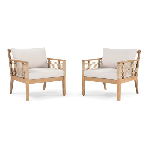 Set of 2 Patio Acacia Wood Club Chairs, Hand-Woven Twist Rope Armchairs with Beige Cushions for Backyard & Poolside, Teak Finish