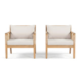 Set of 2 Patio Acacia Wood Club Chairs, Hand-Woven Twist Rope Armchairs with Beige Cushions for Backyard & Poolside, Teak Finish