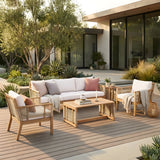 5pcs Outdoor Conversation Sofa Set, Patio Acacia Wood Furniture Set, 3-Seater Sofa & Club Chairs with 2 Coffee Tables, Teak