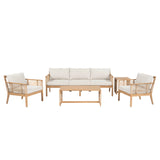 5pcs Outdoor Conversation Sofa Set, Patio Acacia Wood Furniture Set, 3-Seater Sofa & Club Chairs with 2 Coffee Tables, Teak