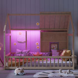 Twin Size House Floor Bed with LED Lights & Guardrails, Pine Wood Playhouse for Kids, Space-Saving Design