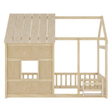 Twin Size House Floor Bed with LED Lights & Guardrails, Pine Wood Playhouse for Kids, Space-Saving Design
