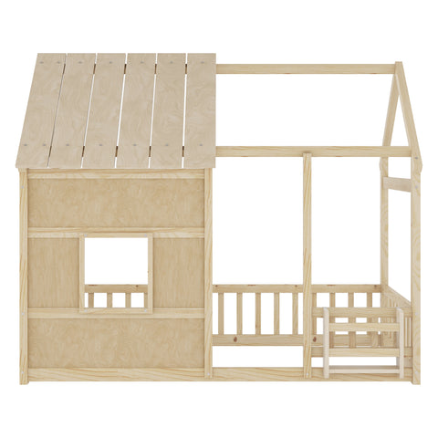 Twin Size House Floor Bed with LED Lights & Guardrails, Pine Wood Playhouse for Kids, Space-Saving Design
