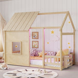Twin Size House Floor Bed with LED Lights & Guardrails, Pine Wood Playhouse for Kids, Space-Saving Design