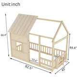 Twin Size House Floor Bed with LED Lights & Guardrails, Pine Wood Playhouse for Kids, Space-Saving Design