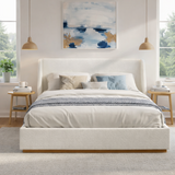 Luxury Wingback Upholstered Platform Bed, King Size Bed Frame with Solid Rubberwood Legs