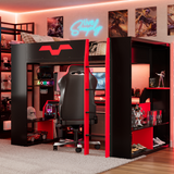 Full Size Gaming Loft Bed with Power Hub, RGB Lights & Cable Management, Wood Bed Frame, Integrated Desk & Storage