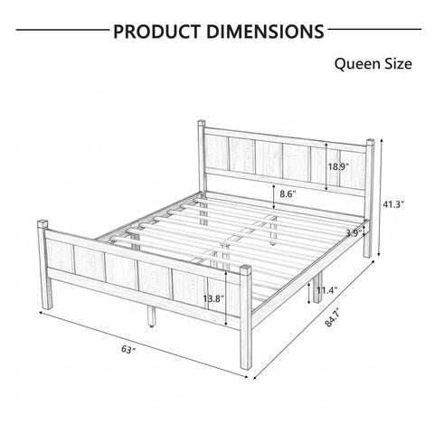 Queen Size Bed Frame with Headboard & Footboard, Farmhouse Platform Bed, Wood Slats Support