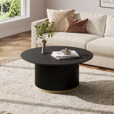 Round Coffee Table with Fluted Pedestal Base, Sculptural Accent Table with Gold Metal Ring & Ash Wood Veneer, Black