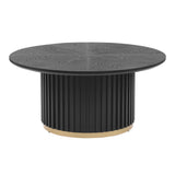 Round Coffee Table with Fluted Pedestal Base, Sculptural Accent Table with Gold Metal Ring & Ash Wood Veneer, Black