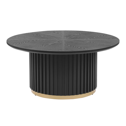 Round Coffee Table with Fluted Pedestal Base, Sculptural Accent Table with Gold Metal Ring & Ash Wood Veneer, Black