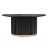 Round Coffee Table with Fluted Pedestal Base, Sculptural Accent Table with Gold Metal Ring & Ash Wood Veneer, Black