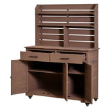 65"H Large Garden Potting Bench, Wood Outdoor Kitchen Island Prep Cart with Lockable Wheel, Hutch Top, Storage Cabinet